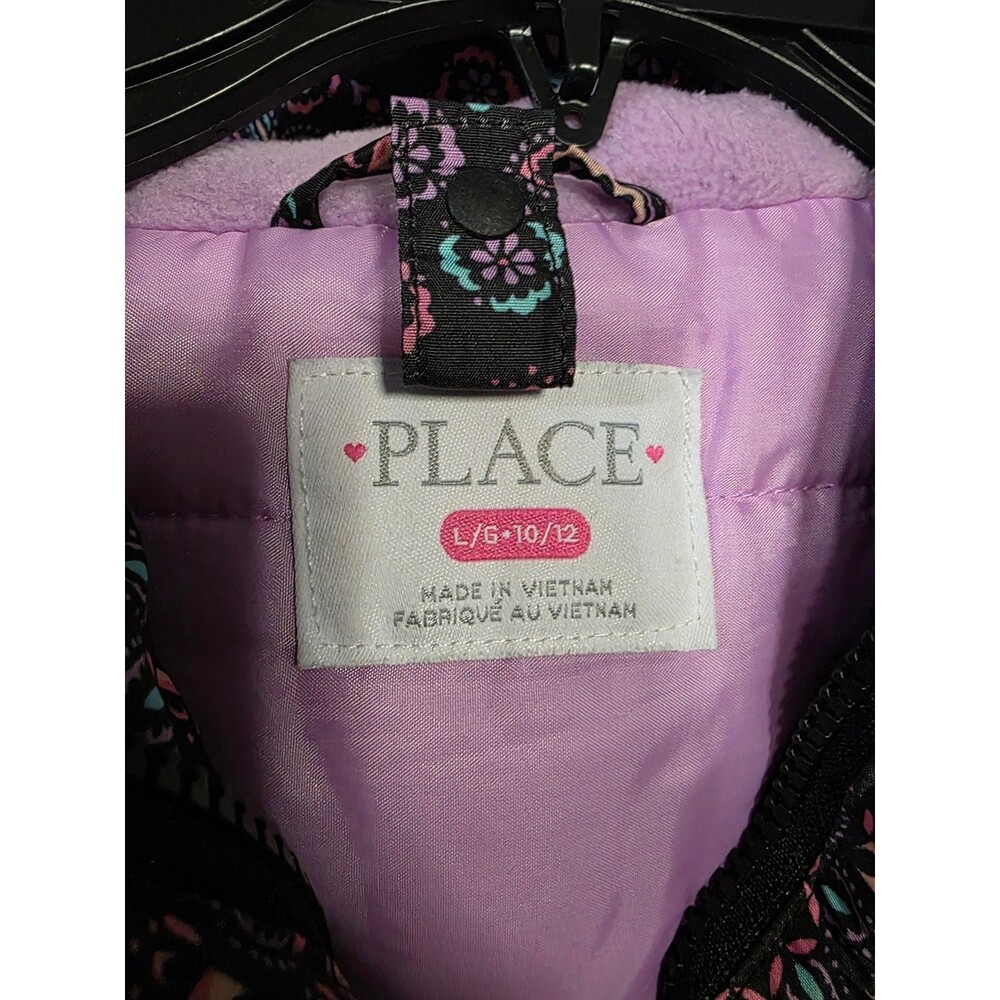 Childrens PLACE Girls Hooded Puffer Jacket Black Pink Purple Floral Size L 10/12 - Picture 3 of 4